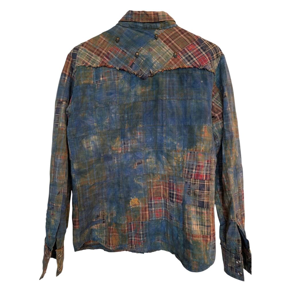 Custom Distresssed Studded Yoke Patchwork Madras Plaid Western Shirt - Picture 7 of 9